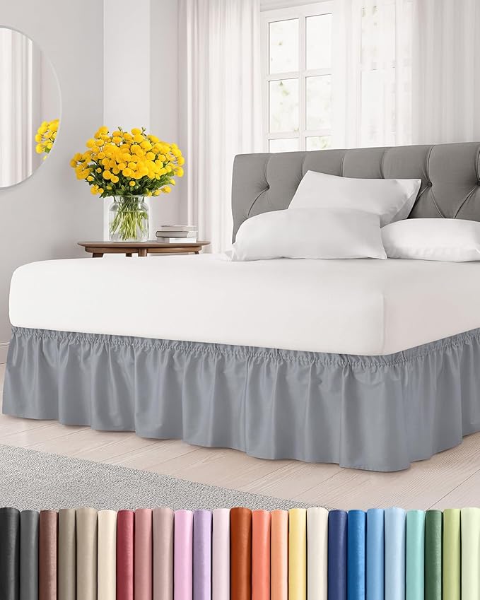 Wrap Around Dust Ruffle Bed Skirt - Steel Blue - for Full Size Beds w/ 12 Inch Drop - Easy Fit Elastic Strap - Adjustable Pleated Bedskirt w/Brushed Fabric - Wrinkle Free, Women, Men, Kids & Teens