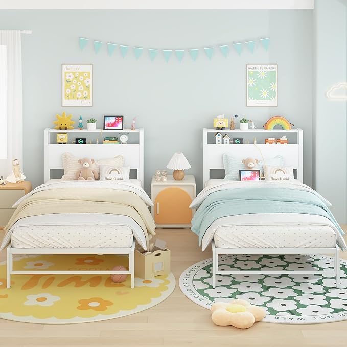 Twin Bed Frames with Charging Station, 2 Tiers Storage Headboard Twin Sized Bed No Box Spring Needed Heavy Duty Metal Platform, White