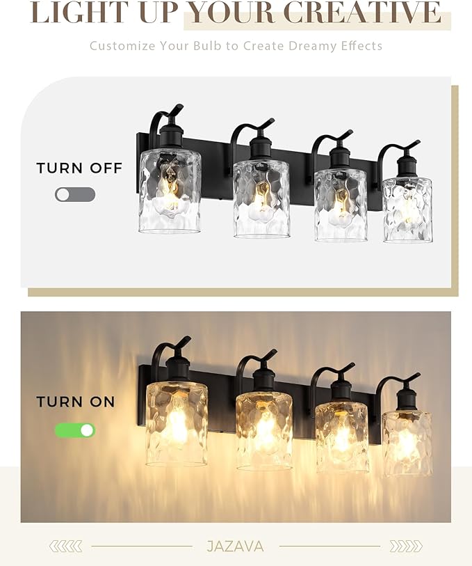 Bathroom Vanity Light Fixtures 4-Light Hammered Glass Modern Wall Mounted Over Mirror Black - VL01BKH-4