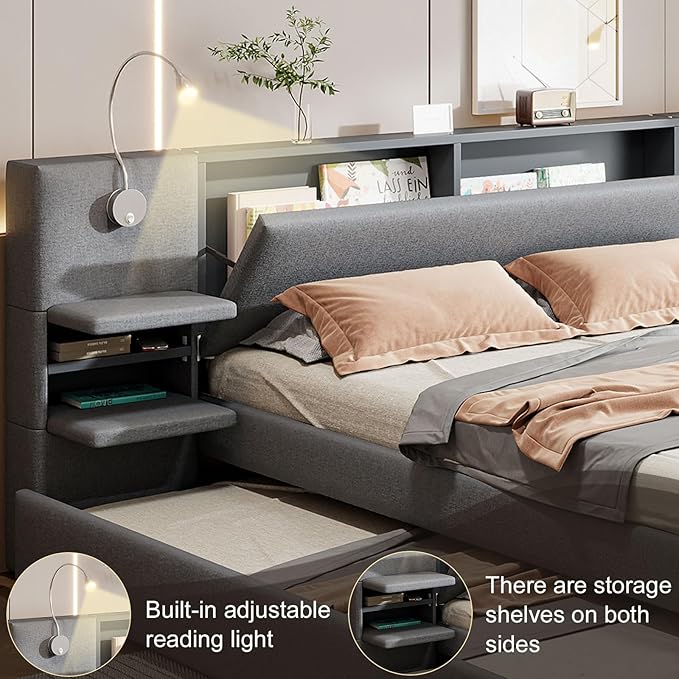 Luxury Queen Bed Frame,Queen Size Trundle Bed Frame with 2 Storage Drawers,Reading Lights, Storage Headboard,Storages Rack,Queen Size Linen Upholstered Platform Bed for Bedroom (Gray, Queen)