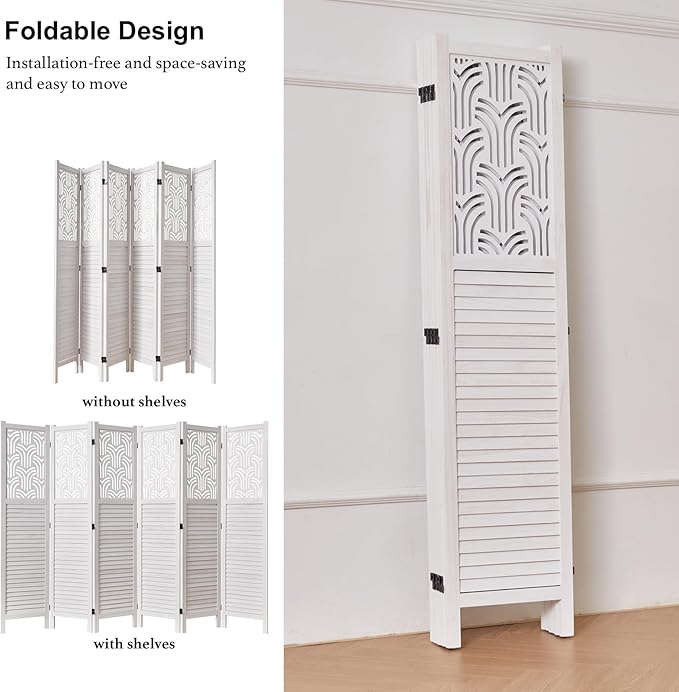 Svimi Folding Room Divider, 66.9 Inch 6 Panels Wood Carved Privacy Screens, Free Assembled Freestanding Portable Separation Wall for Home Office Restaurant Bedroom (White)