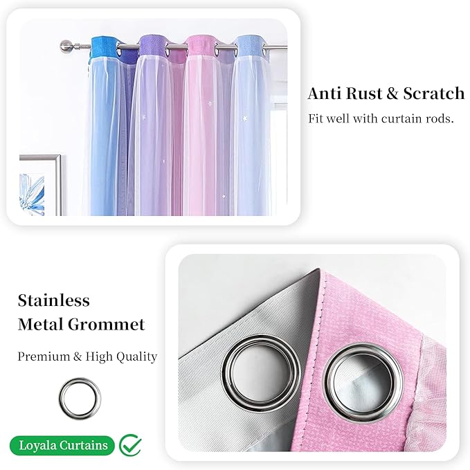 Star Curtains Blackout Curtains for Bedroom Cute Curtains Kids Curtains Rainbow Curtains, Curtains 72 Inches Long 2 Panels, Blue & Purple & Pink Curtains, 42 X 72 Inches