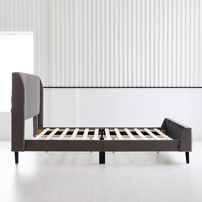 Livinia Sunset King Size Wingback Platform Bed, Fabric Upholstered King Bed Frame with Vertical Channel Tufted Headboard Footboard, Strong Wood Slats, No Box Spring Needed, Gray