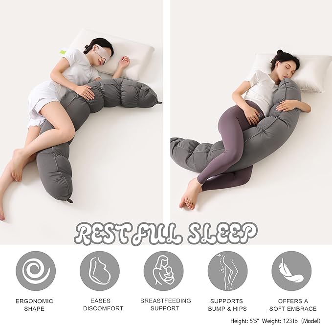 Peallow(Pat. Pend) – Long Round Body Pillow for Adults, Bolster Pillow for Sleeping, Soft and Supportive Pillow for Sleeping & Lumbar Support (Urban Grey, 59")