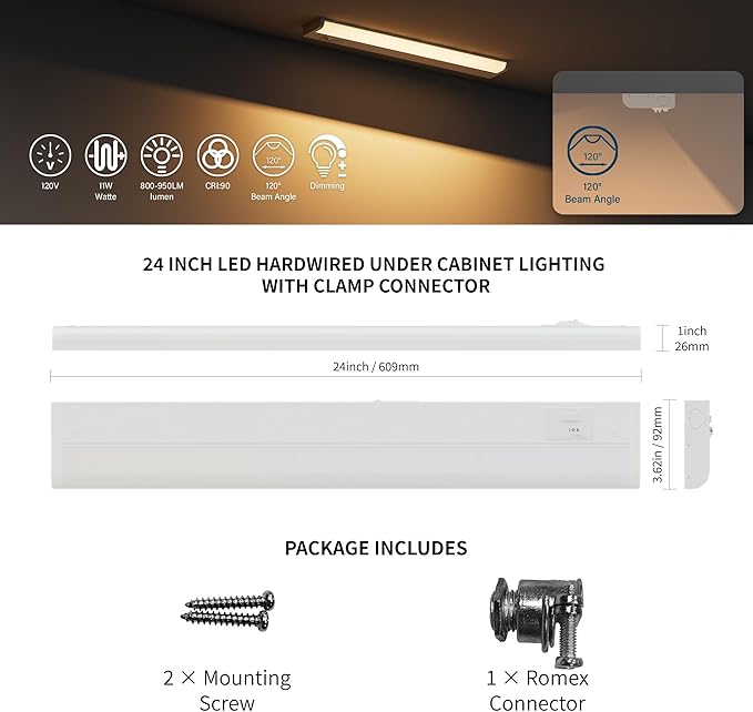 ZAGO 24 Inch Hardwired Under Cabinet Lighting - 5CCT Switchable, Undercounter Led Lights with Clamp Connector for Kitchen, 120V, 11W, 800-950LM, ETL & Damp Rated, White, 4 Packs