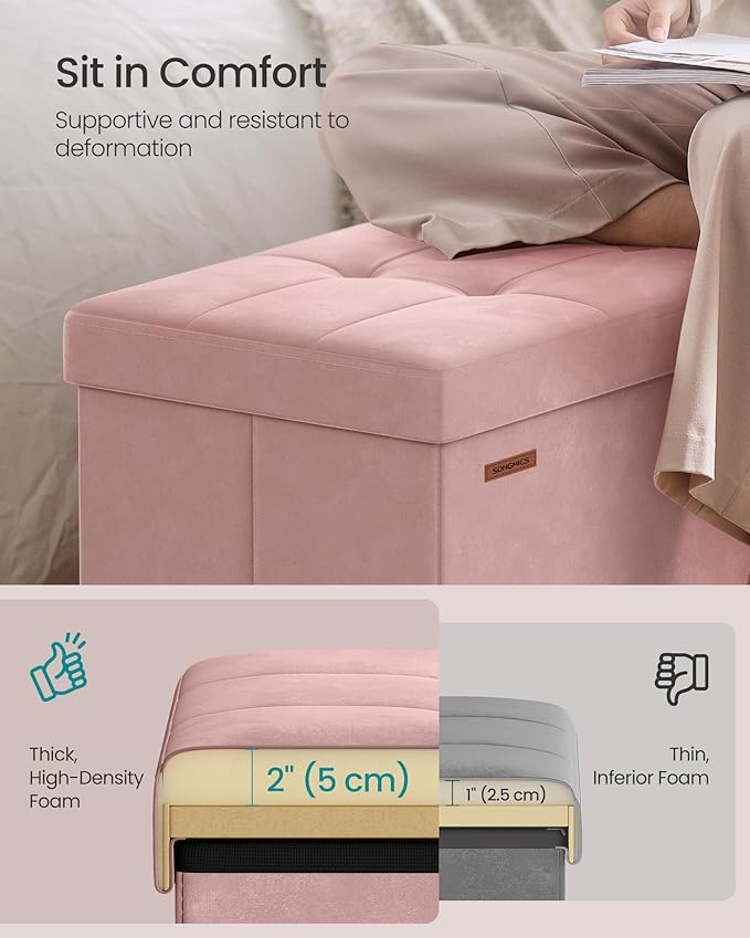 SONGMICS Mazie Collection - 30 Inches Storage Ottoman, Foldable Storage Bench with Flipping Lid, 660 lb Load Capacity, for Entryway, Living Room, Bedroom, Velvet Fabric, Jelly Pink ULSF048SA03