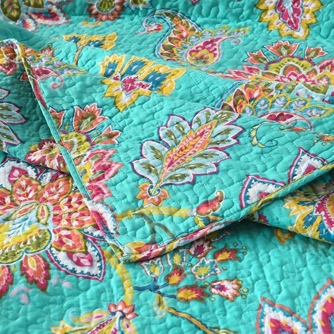 Cotton Bedspread Quilt Sets Reversible Bedding Coverlet Sets Comforter Paisley Floral Bedspread (Green Vintage Floral, Queen Size)