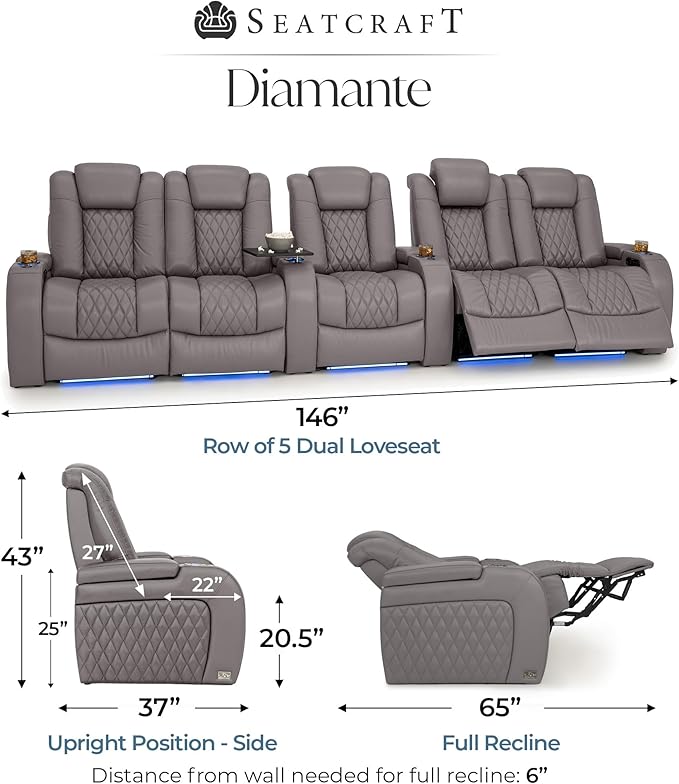 Seatcraft Diamante Zero-Gravity CoolZero Italian Leather Home Theater Seating, Power Headrest, Power Recline, Row of 5 Dual Loveseats, Gray