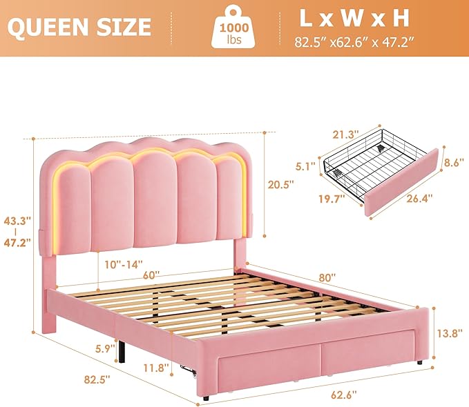 Velvet Upholstered Queen LED Bed Frame with 2 Storage Drawers and Adjustable Chic Double Wavy Headboard, Princess Platform Bed with Charing Station, Solid Wood Slats Support,No Box Spring Needed,Pink