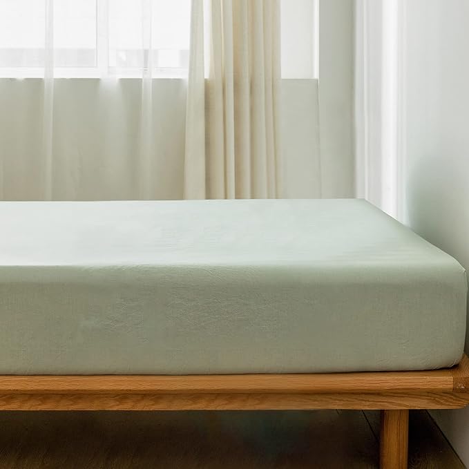MooMee Fitted Bottom Sheet Only 100% Washed Cotton Linen Like Textured Breathable Durable Soft Comfy Deep Pocket Fits Mattress up to 17" (Sage Green, Queen)
