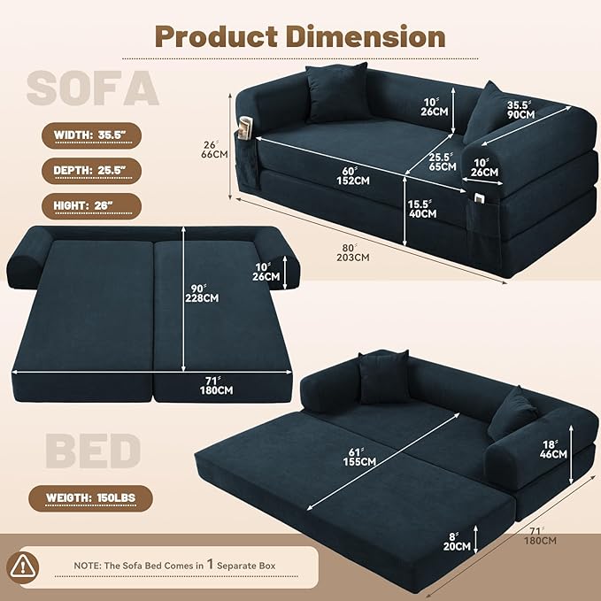 Convertible Futon Sofa Bed,80" Folding Pull Out Couch with Pillows & Storage Pocket, Oversized Queen Sleeper Sofa in a Box,Corduroy Boneless Couch for Living Room,Navy Blue