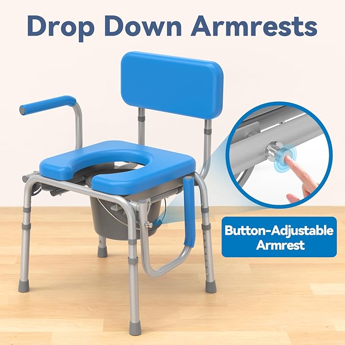 Drop Arm Bedside Commode with Linners, Commode with Padded Seat and Backrest, 500lbs Capacity, 5.81QT Removable Bucket, Adjustable Height Portable Toilet for Adults, Blue