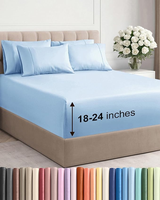 Extra Deep Queen Sheet Set - 6 Piece Breathable & Cooling Sheets - Hotel Luxury Bed Sheets Set - Easy & Secure Fit - Soft, Wrinkle Free & Comfy Sheets Set - Light Blue Sheet Set w/Extra Deep Pockets