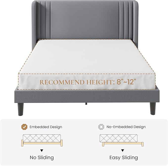 SHA CERLIN Full Size Velvet Upholstered Platform Bed Frame with Vertical Channel Tufted Wingback Headboard, Wooden Slats Support, Easy Assembly, Under Bed Storage, No Box Spring Required, Grey