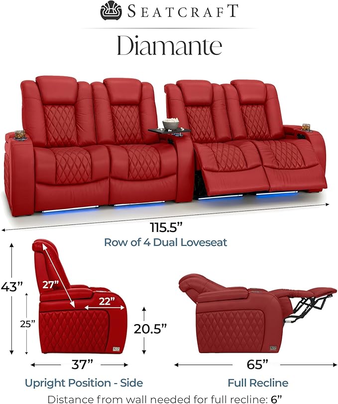 Seatcraft Diamante Zero-Gravity CoolZero Italian Leather Home Theater Seating, Power Headrest, Power Recline, Row of 4 Dual Loveseats, Red