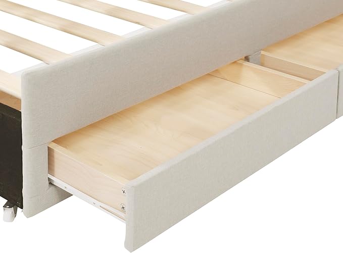 Bellemave Full Size Bed Frame with Twin Trundle Bed and Storage Drawers,Linen Upholstered Bed Frame,Full Size Trundle Bed with Adjustable Headboard for Kids Teens Adults,Beige