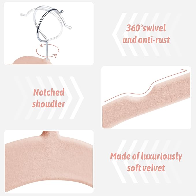 Premium Velvet Shirt Hangers 50 Pack, Non-Slip 360° Swivel Hook Space-Saving Felt Hanger, Slim Flocked Hangers for Blouses, Strappy Dresses, Tank Tops(Pink)