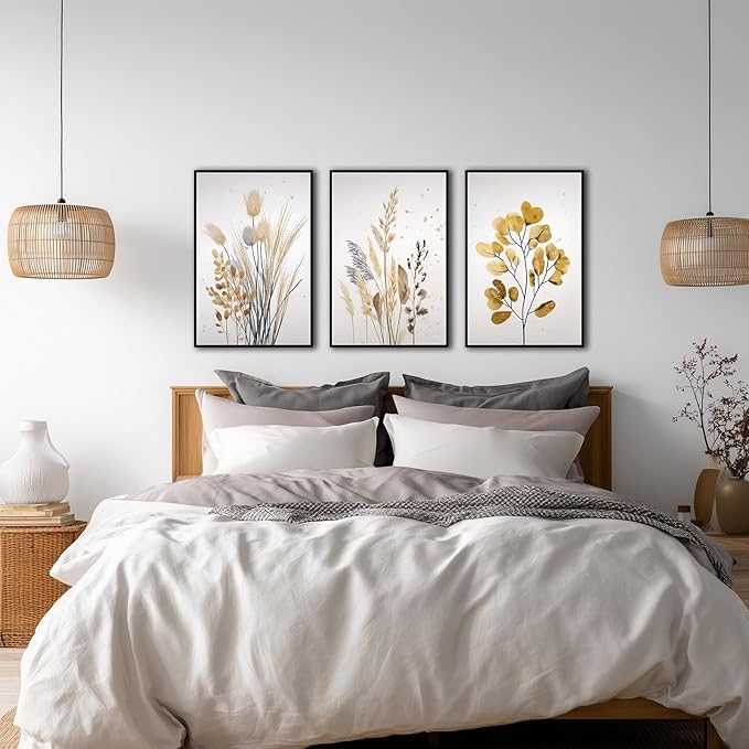 YCJKJDZ Framed Beige Botanical Canvas Wall Art Set of 3, Boho Watercolor Wildflower Pampas Grass Poster Neutral Leaf Art Fall Nature plant Prints for Living Room, Bedroom, Office, – 16x24 in