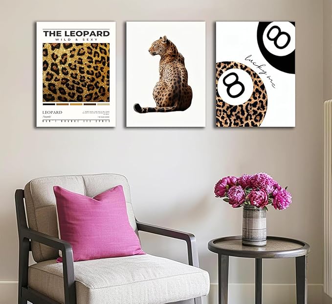 Trendy Leopard Framed Set of 3 Canvas Poster Prints,Picture Modern Artwork Wall Art for Home Décor,Perfect for Adds Wilderness & Elegance to Living Room,Bedroom or Any Interior Space,24Lx16W