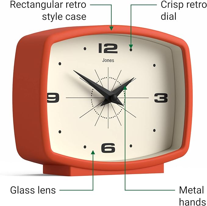 JONES CLOCKS® Film Desk Clock | Retro Rectangular Design | Orange | Retro Design, Blending mid Century Style with a Punchy Modern Finish for Shelf, Table, Mantel or Bedside
