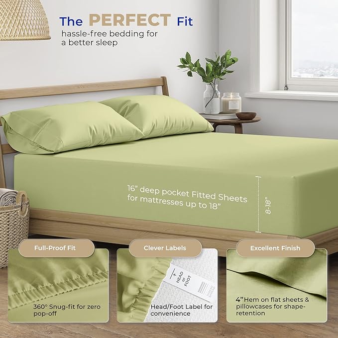 THREAD SPREAD California King Sheet Sets Cotton - 400 Thread Count 100% Cotton Cal King Sheets Set, 4 PC (Sage Green), Luxury Soft, Cooling, Breathable 16" Deep Pocket Sateen Weave Hotel Bedsheets