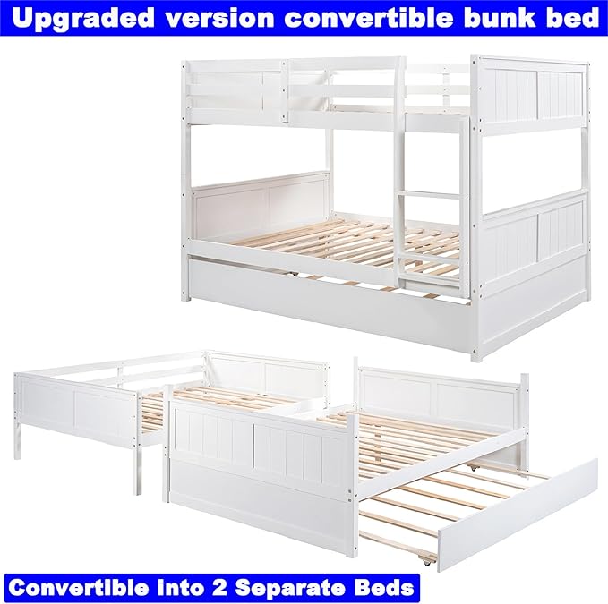 Upgraded Version Best Full Over Full Bunk Bed with Trundle, Thicken Solid Wood Full Size Bunk Bed, Bunkbed Frame Full Over Full, Convertible to 2 Beds, Easy Assembly for Adults (White)