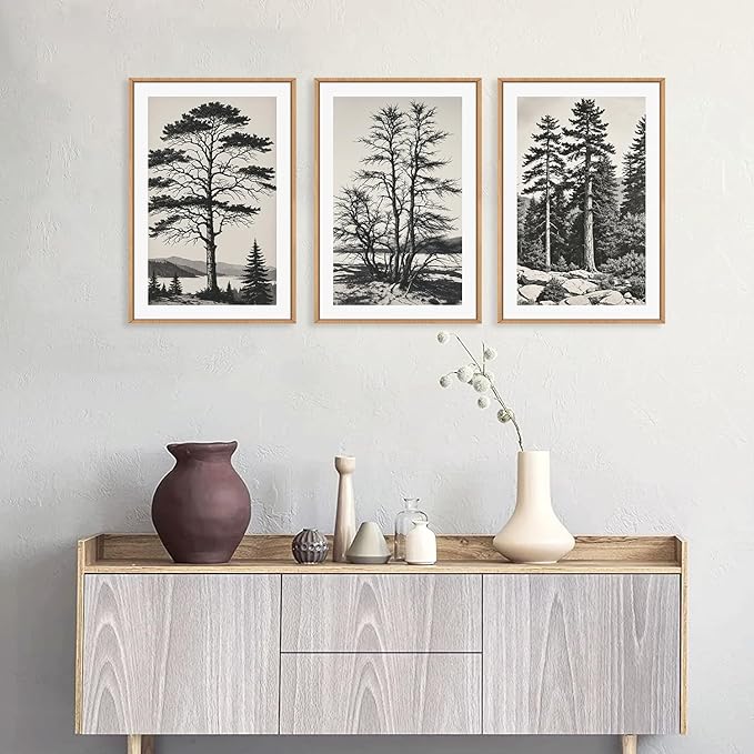 LHIUEM Large Vintage Sketch Tree Framed Wall Art Set,Antique Black and White Wall Decor,Nature Botanical Lake Artwork,Modern Wilderness Forest Art Prints for Living Room,Bedroom- 24"x36"x3