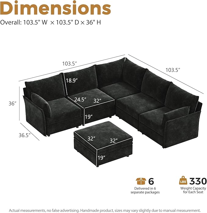 ABCASA 103.5" Oversized Modular Sectional Sofa, L Shaped Convertible Couch with Movable Ottoman, Large 6 Seat Corner Couches for Living Room Deep Seat- Black Chenille