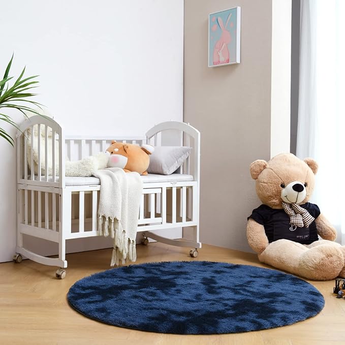 duduta Navy Blue Fluffy Round Rug 4x4 ft, Tie-Dyed Shag Fuzzy Plush Circle Throw Rug for Nursery Bedroom Living Room Home Decor