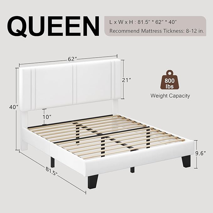 Upholstered Queen Size Bed Frame with Velvet Fabric Headboard, Strong Wooden Slats Support, Noise Free, No Box Spring Needed, White