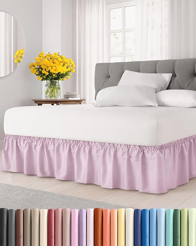 Wrap Around Dust Ruffle Bed Skirt - Light Pink - Twin/Twin XL Size Beds with 12 Inch Drop - Elastic Strap - Adjustable Pleated Bedskirt with Brushed Fabric and Wrinkle Free - Women, Men, Kids & Teens