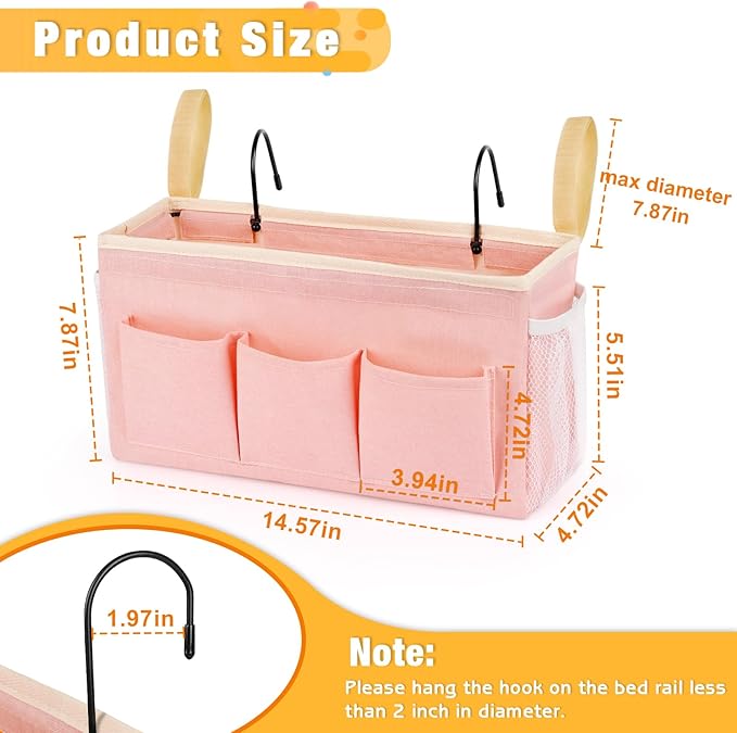 Lilithye Bedside Organizer with Fixed Straps and Water Bottle Holder for Home, College, Dorm, Bunk, Hospital, Crib, Bed Rails - Pink
