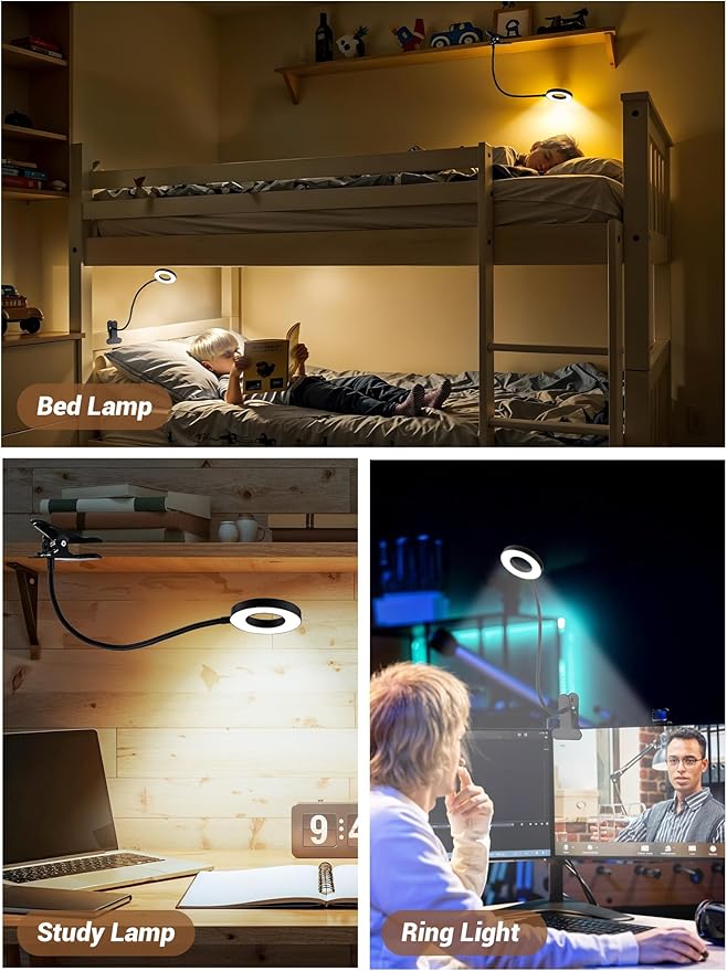 Clip on Lamp,5 Colors+10 Brightness LED Desk Lamp with Clamp,550lm Bright Clip on Light for Bed Headboard/Bedside Table,360°Adjustable Reading Light for Bed,Desk Lights for Home Office Study [Adapter]