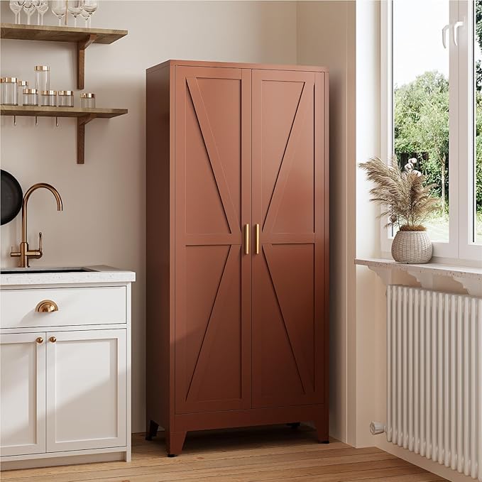 Farmhouse Pantry Cabinet with Barn Doors, 71" H x 31.5" W, 5-Tier Metal Storage Cabinet with 4 Adjustable Shelves for Kitchen Garage Dining Room,Brown