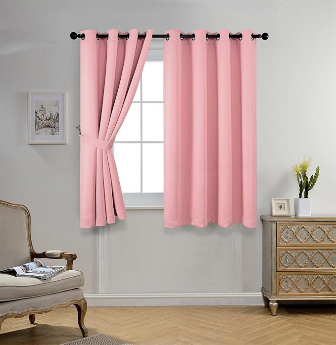 MIUCO 1 Pair Thermal Insulated Grommet 52-Inch-by-63-Inch Blackout Window Curtain Panels with 2 Tie Backs, Pink