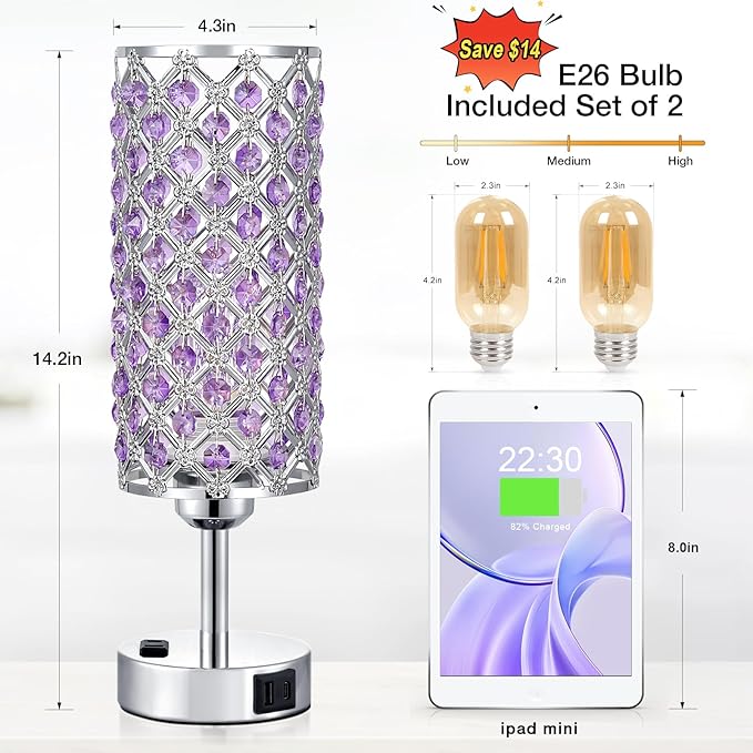 Hong-in Crystal Lamps Set of 2, 3 Way Dimmable Touch Lamp with Crystal Shade, Bedside Nightstand Lamps for Living Room Bedroom Home Office(Purple)