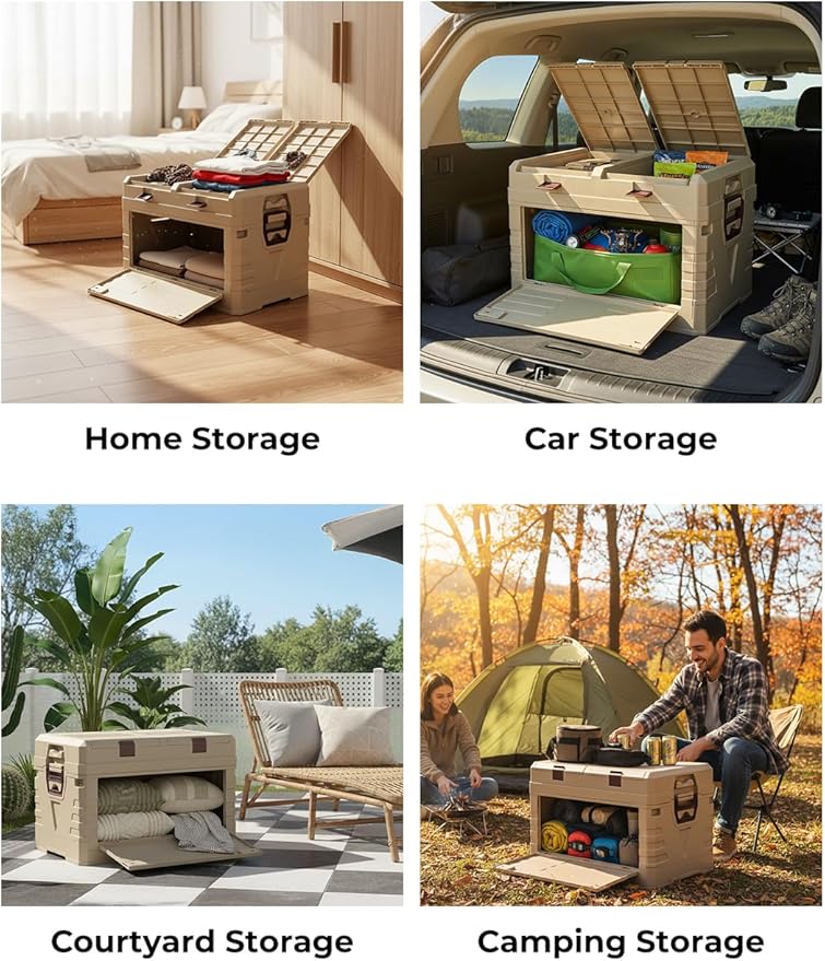 Greenery 60L Collapsible Box with handles, Double-Layer Storage Box with Lids ideal for Camping, Daily Items, Snacks, Clothing storage, Tools