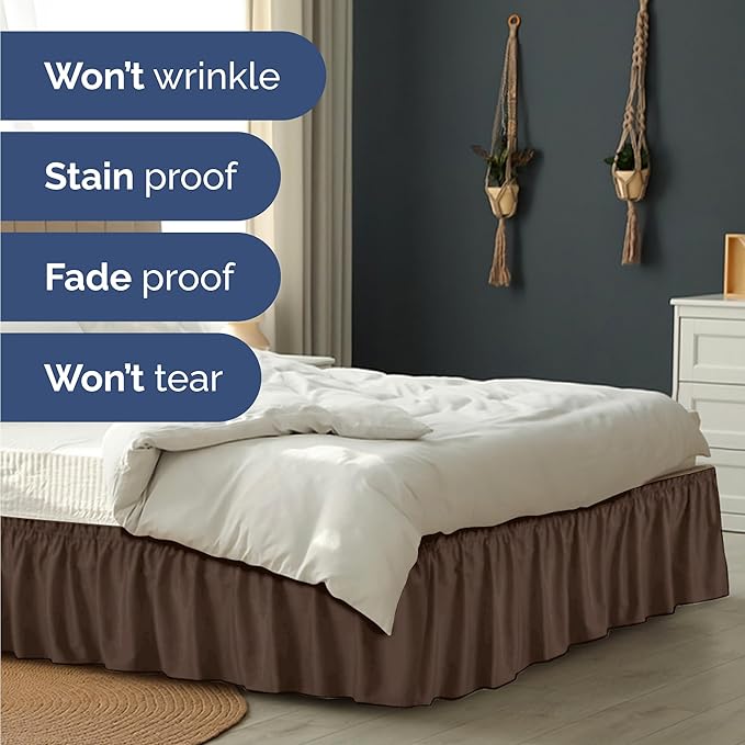 Wrap Around Dust Ruffle Bed Skirt - Brown - for Queen Size Beds with 12 Inch Drop - Easy Fit Elastic Strap - Adjustable Pleated Bedskirt w/Brushed Fabric - Wrinkle Free - for Women, Men, Kids & Teens