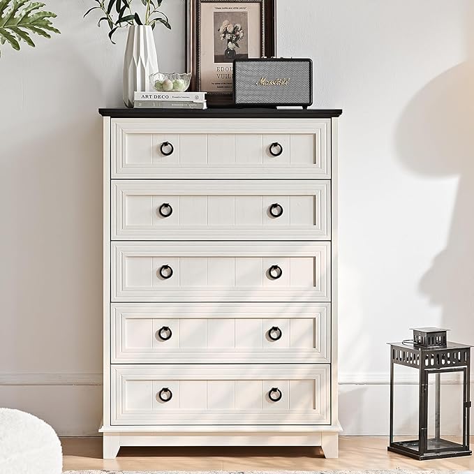 Farmhouse 5 Drawer Dresser for Bedroom Set of 2, 42" Tall Small Dressers & Chest of Drawers, Rustic Wood Dresser with Metal Handle, Storage Organizer Closet for Living Room, Hallway,Entryway