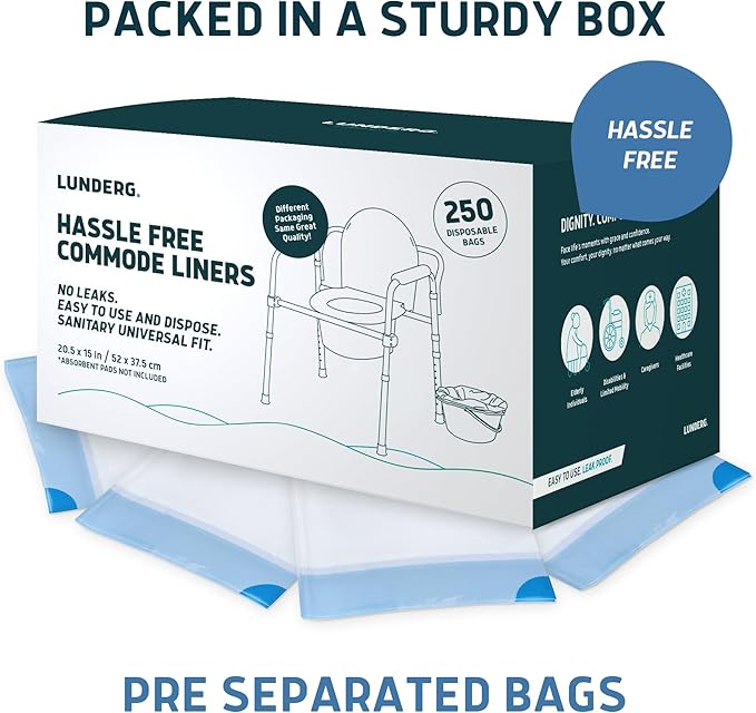 Lunderg Commode Liners - Value Pack 250 Count Universal Fit - Medical Grade Bedside Commode Liners Disposable for Adult Commode Chair, Portable Toilet Bags or Camping Toilet Bags