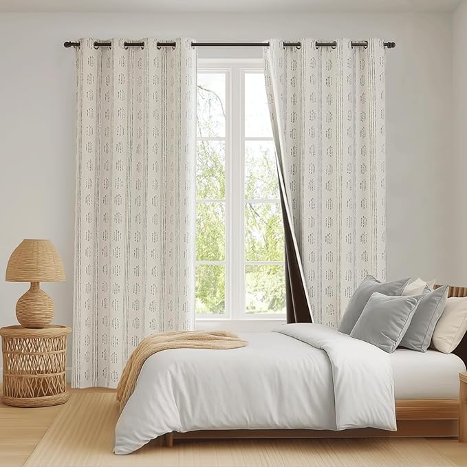 100% Boho Blackout Curtains 90 Inches Long for Bedroom, Grey on Beige Patterned Bohemian Curtains for Living Room, Geometric Striped Thermal Insulated Window Drapes Gromment Top 2 Panels