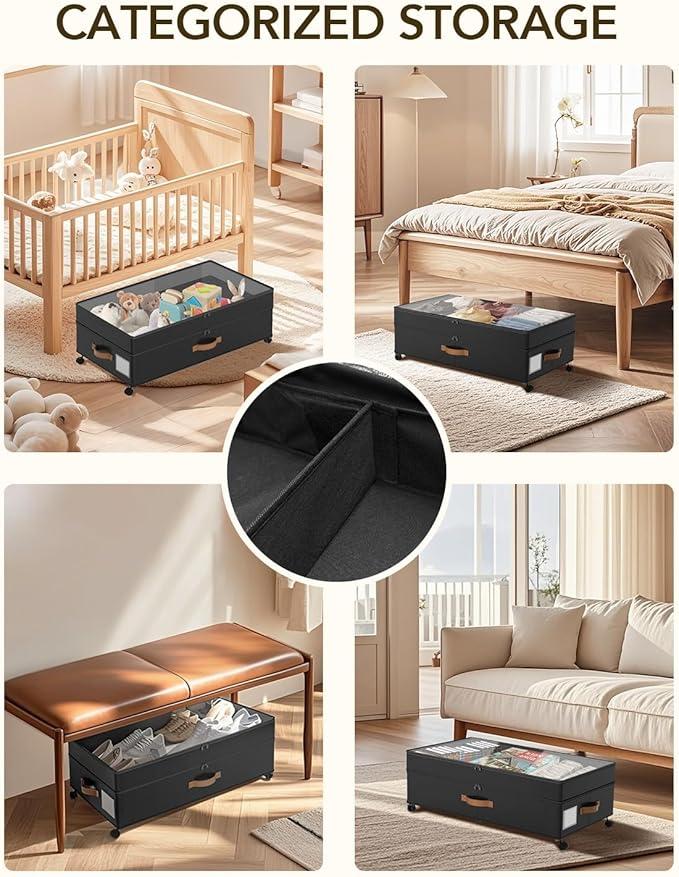 Under Bed Storage with Wheels, 10 inches Under Bed Storage Containers, 65L XXL Large Adjustable Underbed with Lids, Rolling Underbed Storage bins for Shoes, Clothes, Blankets, Black