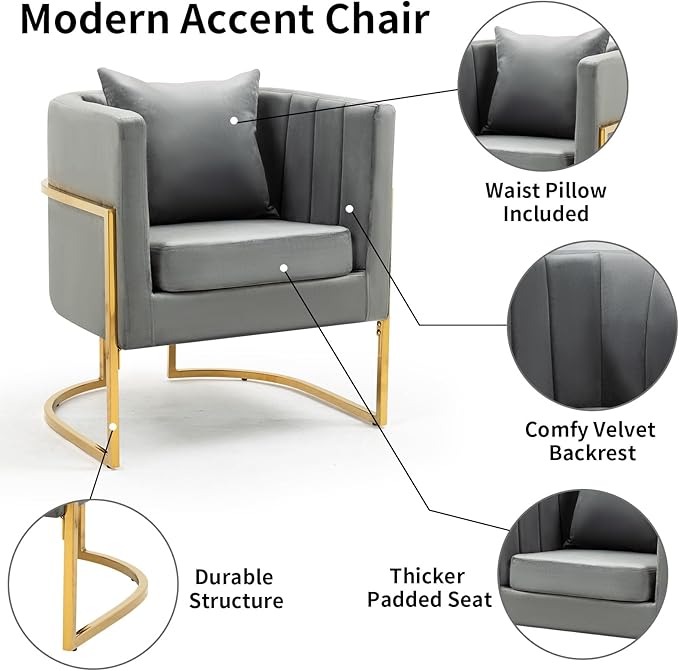 Velvet Modern Accent Chairs Set of 2, Upholstered Barrel Armchair Mid Century with Pillow for Living Room, Comfy Single Vanity Chair with Metal Gold Legs for Bedroom, Grey