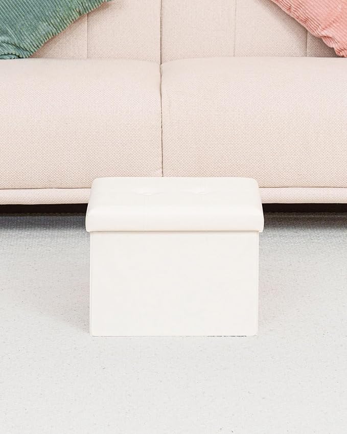 B FSOBEIIALEO Folding Storage Ottoman, Faux Leather Footrest Seat Coffee Table Toy Chest Kids, White 16.5"x12.6"x12.6"