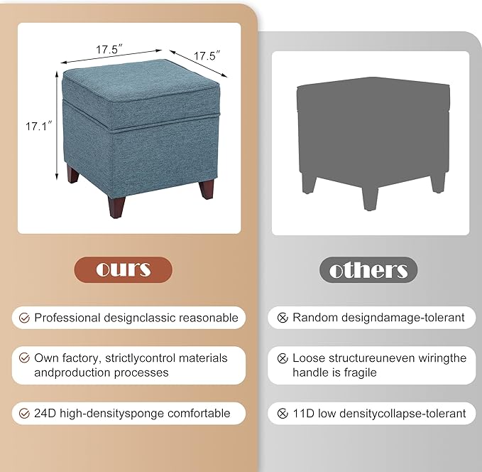 Adeco 17" Square Ottoman with Storage, Small Blue Storage Ottoman Foot Rest with Hinged Lid & Solid Wood Legs, Linen Fabric Foot Stool for Living Room & Bedroom, Seasonal Home Refresh & Gifting