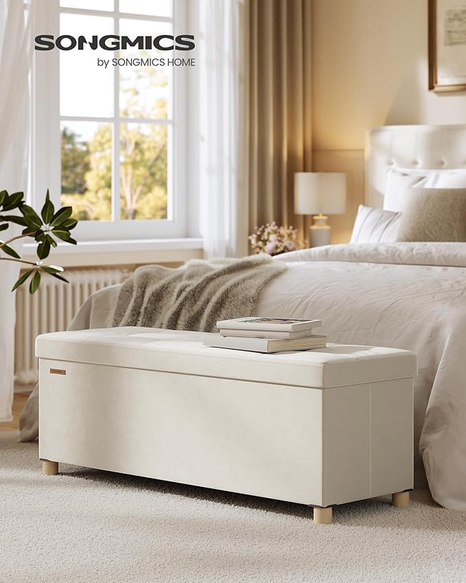 SONGMICS Storage Ottoman Bench, Folding Storage Chest, 15 x 43.3 x 15.7 Inches, Foot Rest Stool, 30 Gal. (112 L), Velvet Surface, for Bedroom, Entryway, Living Room, Cappuccino Beige ULSF0518W02