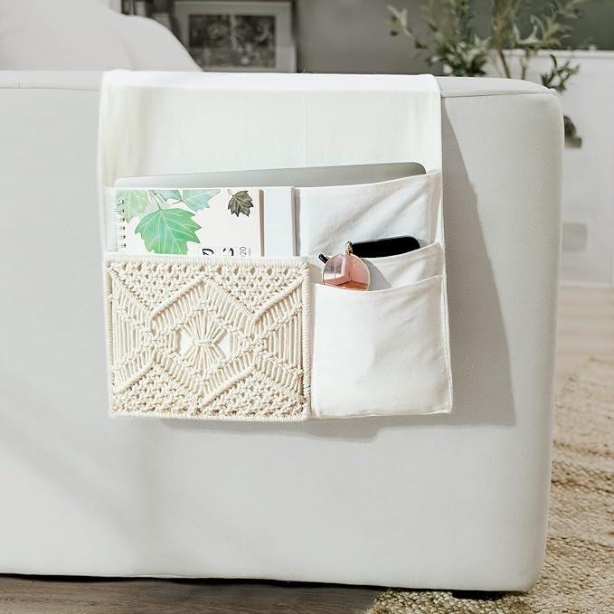 Mkono Couch Bedside Caddy Boho Remote Control Holder Macrame Armrest Storage Sofa Organizer with 4 Pockets for Magazine, Books, Tablet, Sunglasses, Cell Phone, IPad, Home Dorm Room Decor, Ivory