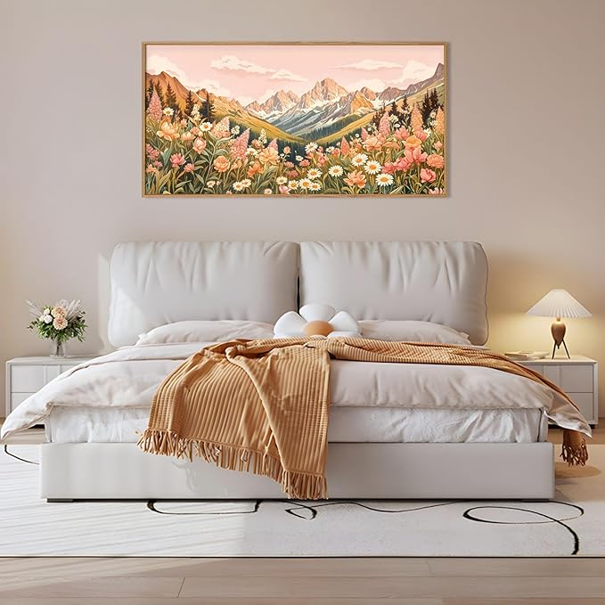 LHIUEM Large Abstract Colorful Mountain Framed Canvas Wall Art,Boho Pink Flower Wall Decor, Nature Wildflower Wall Painting,Bohemian Artwork for Living Room,Bedroom,Dining Room,Office -20"x40"x1