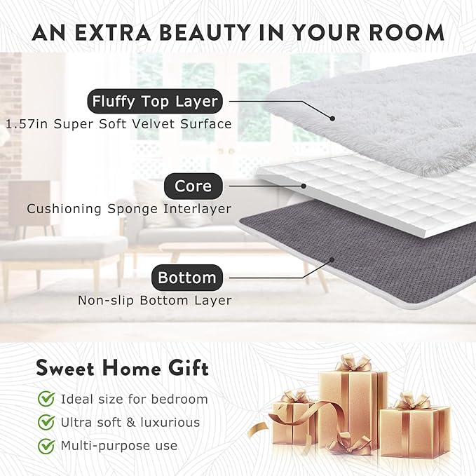 8x10 Fluffy Rugs for Living Room, Soft Large White Shag Area Rug Carpet for Bedroom, Non-Slip Fuzzy Plush Rugs for Home Decor, Cozy Modern Indoor Shaggy Floor Big Rug