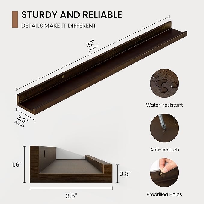 Picture Ledge Shelf, Floating Shelves Set of 2, 32 Inches Solid Wood Nursery Book Shelves for Toys Storage, Kids Bookshelf Wall Mounted for Living Room Bedroom Decor Books Photo Frames, Walnut